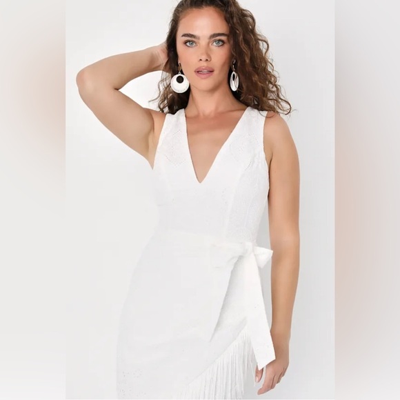 Lulus Medium White Cotton Eyelet Fringe Tulip Midi Dress - Picture 3 of 11